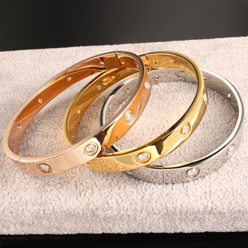 Fashion Brand Women Bracelets & Bangles Open Cuff Design Stainless Steel Crystal Bracelets Luxury Rose Gold Jewelry for Wedding