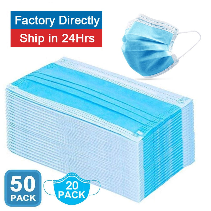 Face masks Surgical 3 Layers Anti Virus 95% Bacteria Disposable Proof Flu Face Mouth Mask Non Woven Earloops Respirator 20/50pcs